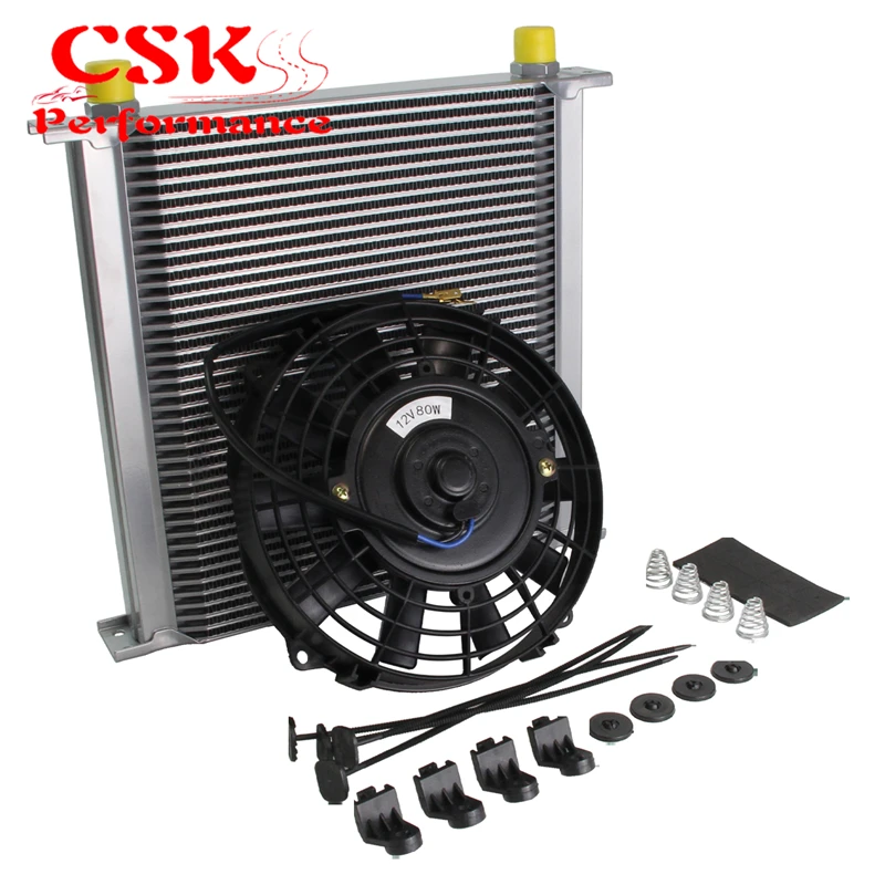 

248mm Aluminum Universal 40 Row AN10 Engine Oil Cooler + 7" Electric Fan Kit Inlet/Outlet 10AN 7/8-14 UNF