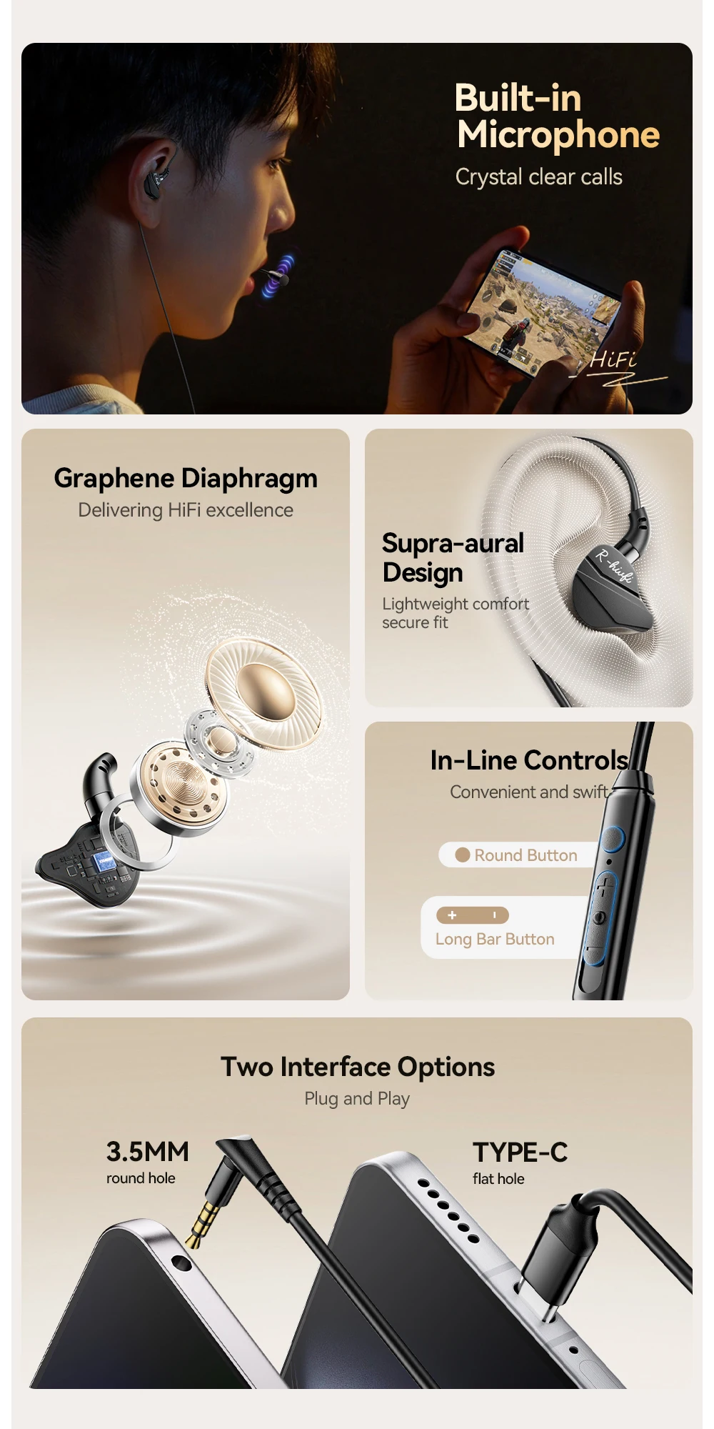 Game wired headphones HIFI Bass in-ear USB Type C 3.5mm With Wire Controlled Wit