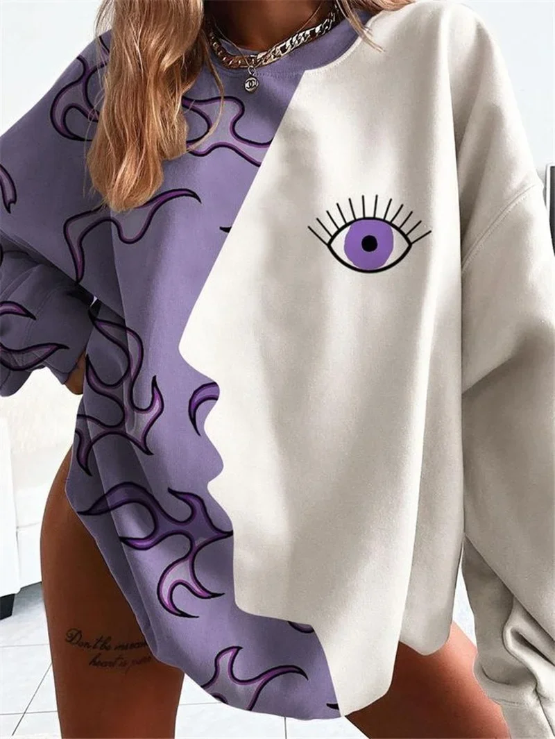 Imaginative Printed Pullovers Eye Face Kiss Impressionism Sweatshirts O-Neck Long Sleeve Loose Plus Size Spring Autumn Pullovers