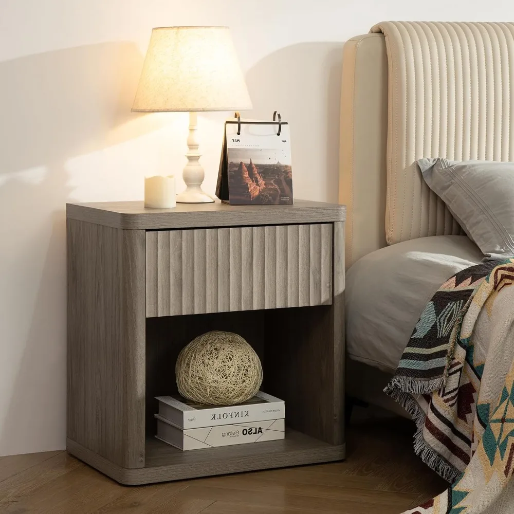 Nightstand with Drawer Storage Bed Side Table End Table Large Modern Wood Wide Bedside Stand Mid Century Night Stands