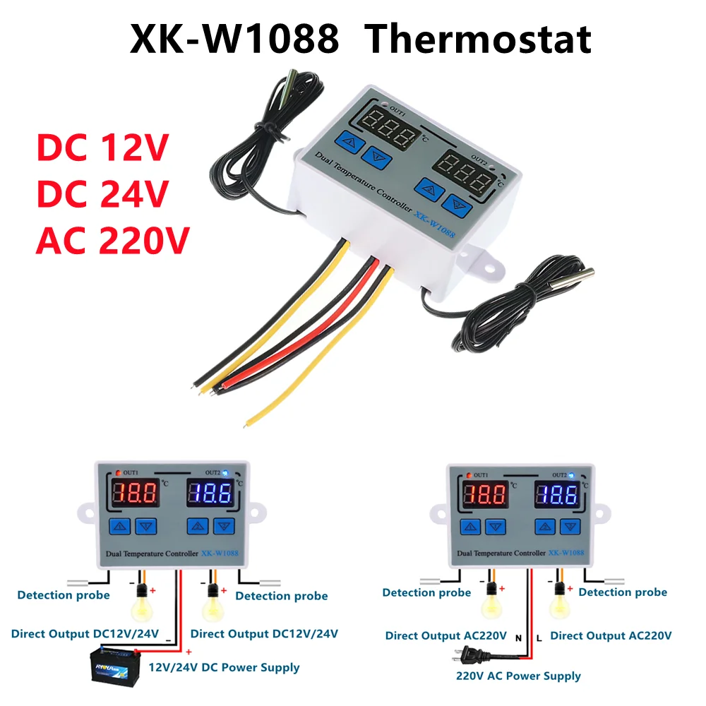 XKW1088 Dual LED Digital Temperature Sensor Meter Controller Electric Heating Thermostat 12/24