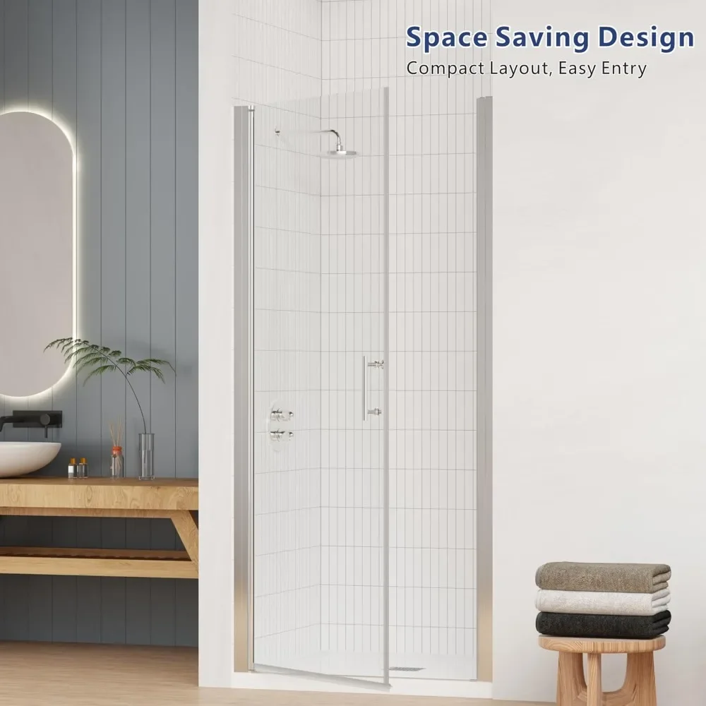 34 in.W X 72 in.H Shower Doors, SGCC Tempered Clear Glass, Reversible Installation, Chrome Finish, Hinged Pivot Shower Doors 2