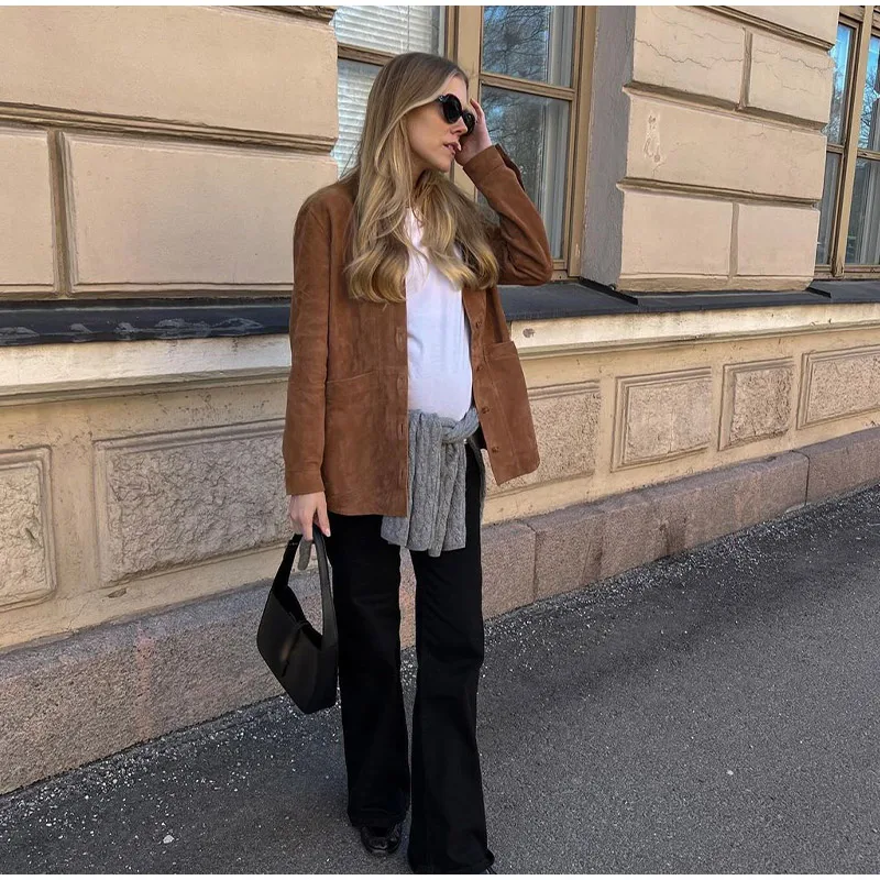 Casual Suede Long Sleeve Jackets Women Autumn Loose Brown Lapel Coat Top With Pockets Female Elegant Chic Street New in Outwear
