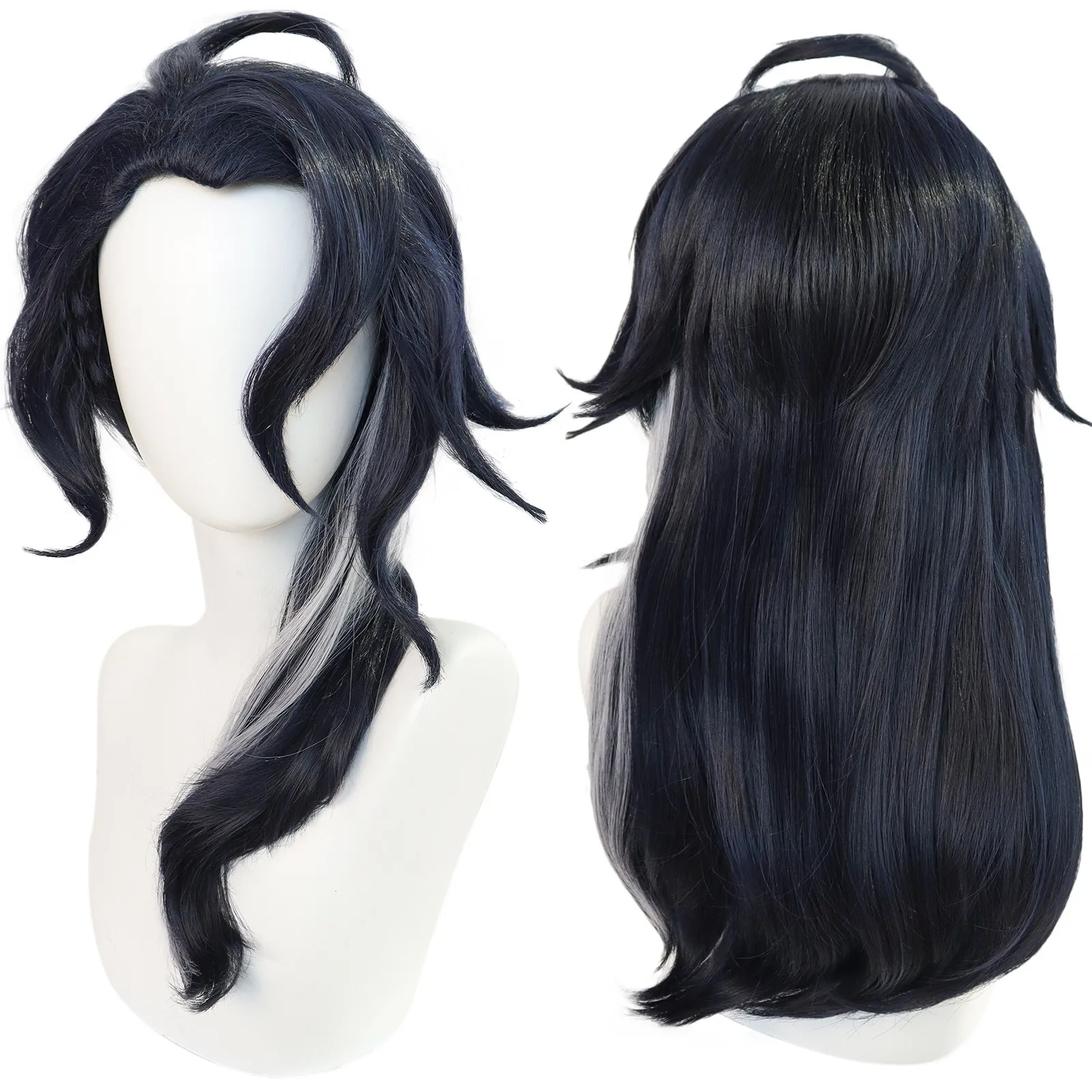 Anogol Synthetic Regrator Pantalone Cosplay Wig Game Genshin Impact 52CM Dark Blue Mix White Wavy Hair for Halloween Party