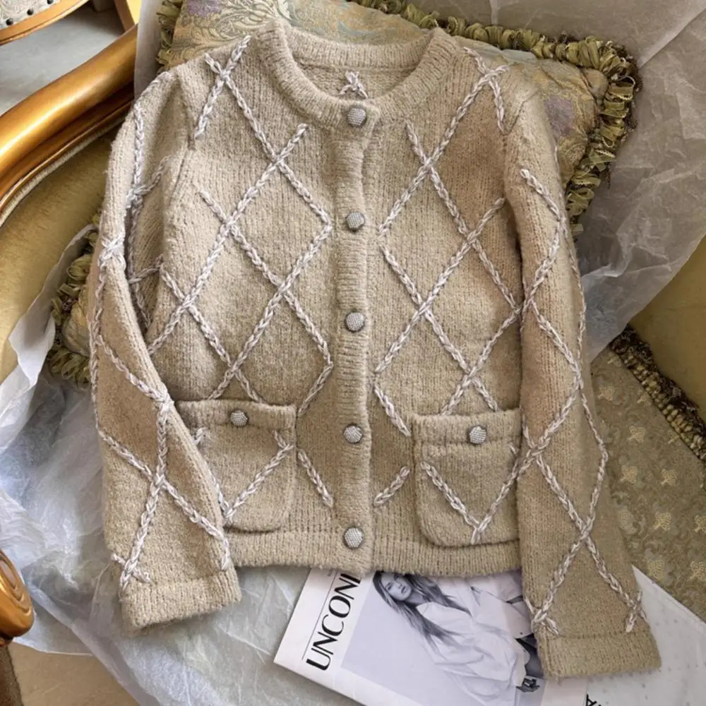 

Hand Woven Plaid Khaki Long Sleeve Cardigans Deaigner Brand Luxury O-Neck Single Breasted Knitwear Woman 2024 Autumn/winter