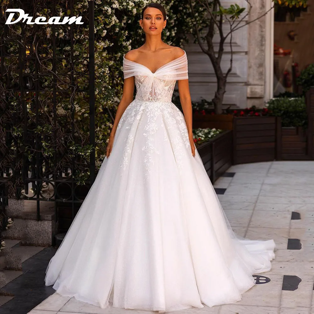 

DREAM Boho Wedding Dresses Lace Appliques Off The Shoulder A Line Princess Bridal Gown For Women Lace Up Backless Bride Dress