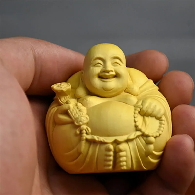 Yabai-Boxwood Carving, Contracted. Maitreya Buddha Handicraft, Laughing Buddha Ornaments, Hand Playing with Pieces of Statione