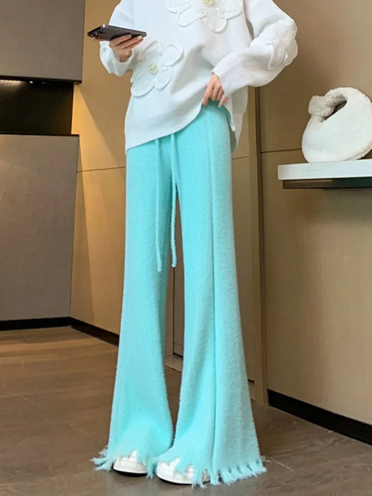 Mink Cashmere Trousers velvet Wide Leg Pants High Waist Drawstring Solid Color Knitting Trousers Women Loose Straight Pantalones winter men s half high collar sweater mink like wool thickened thermal knitting base shirt solid color sweater