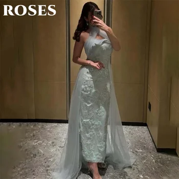 ROSES Green Layer Flower Prom Dress Halter Formal Gowns with Pleats Tulle Sleeveless Trumpet Evening Dress for Woman Customized 1