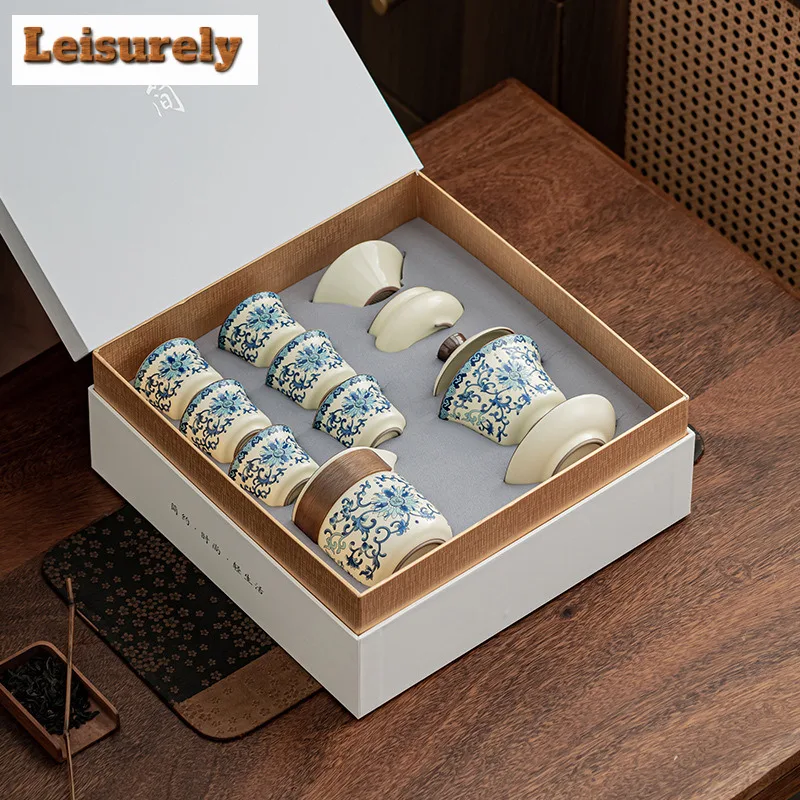 Chinese Ru Kiln Blue And White Ceramic Tea Set Exquisite Tea Infusers Klit Kung Fu Tea Cup Portable Teapot Gaiwan Tea Cups Gifts