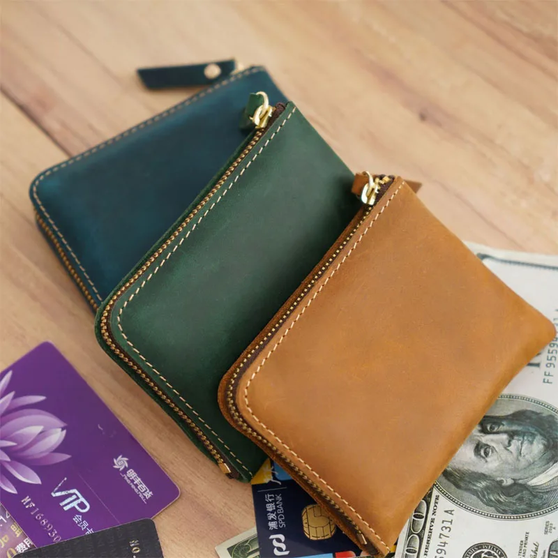 Simple Card Holder Handmade Leather Short Retro Crazy Horse Leather Zipper Wallet Top Layer Cowhide Wallet Card Holder