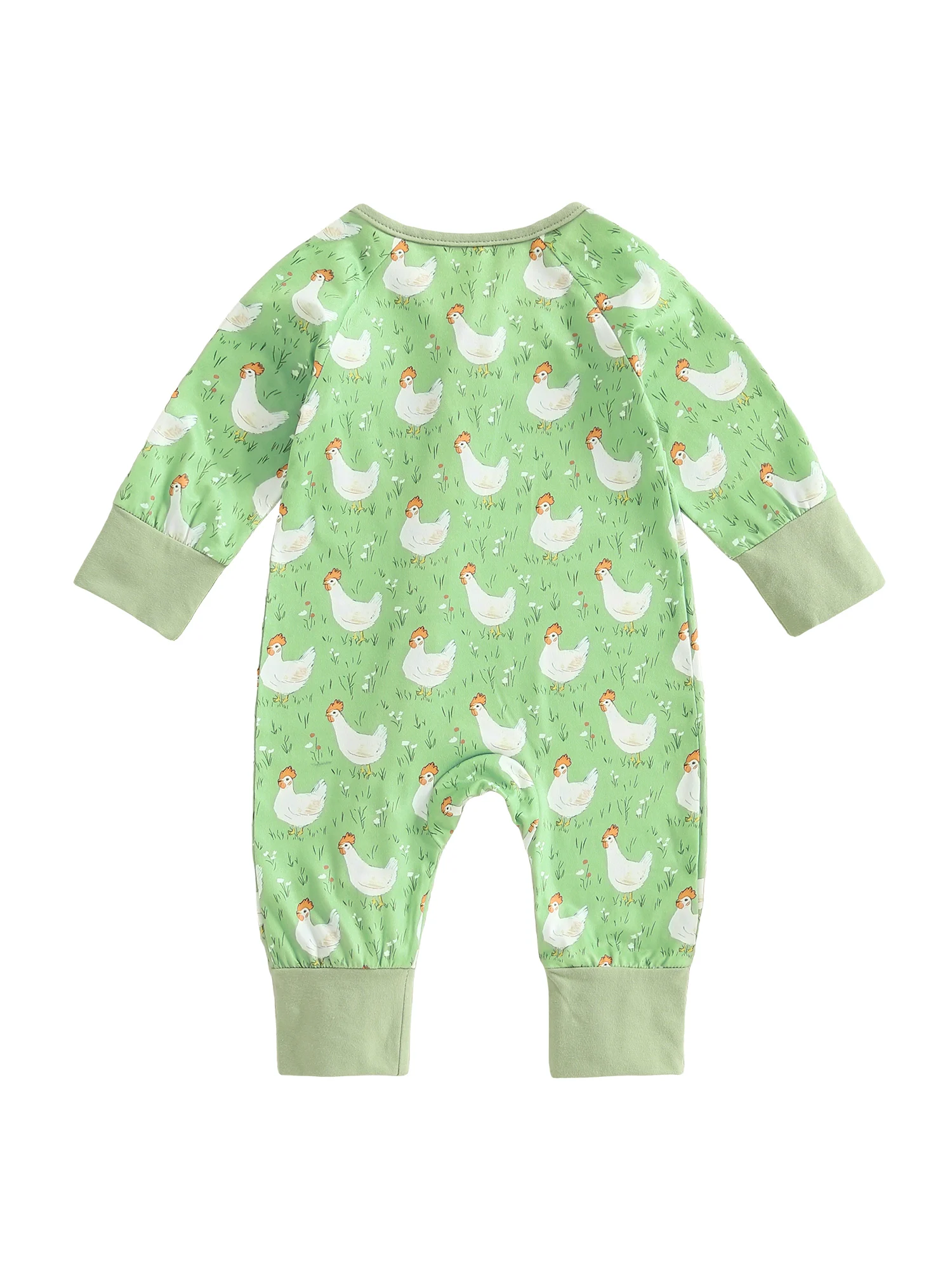 FOCUSNORM 0-18 Monate Kleinkinder Baby Mädchen Jungen Herbst Overalls Huhn Aufdruck Langarm Rundhals Schräger Reißverschluss Strampler mit Stirnband – Detail 3