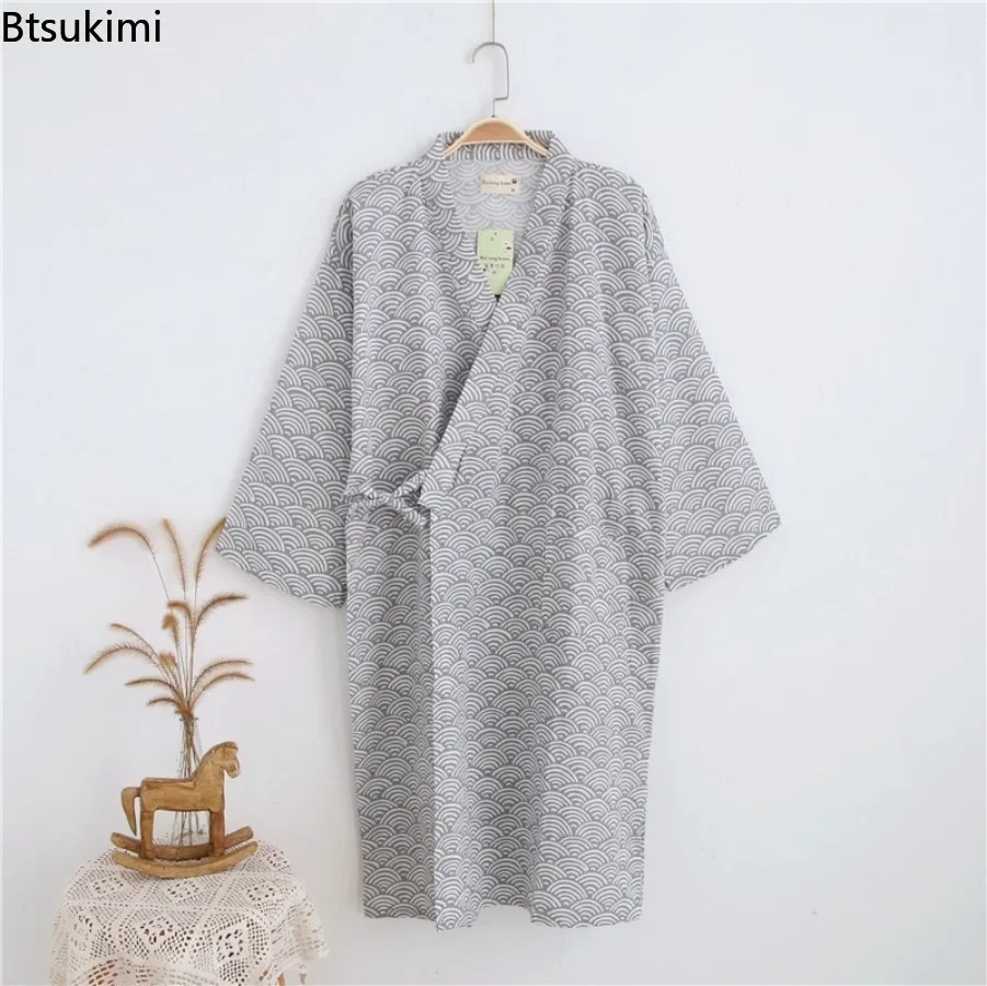 2024 Men's Casual 100% Cotton Double Gauze Couple Bathrobe Dress Thin Nightgown Mens Robes Sleepwear Dressing Gown Kimono Robe