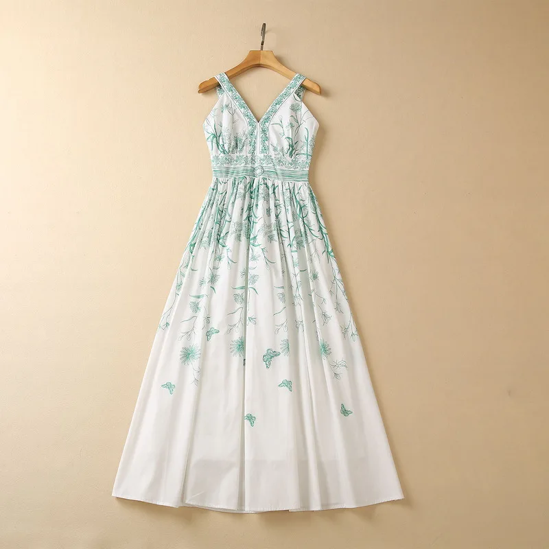 

European and American women's clothes 2023 spring new v-neck Sleeveless butterfly floral print fashion Pleated cotton dress