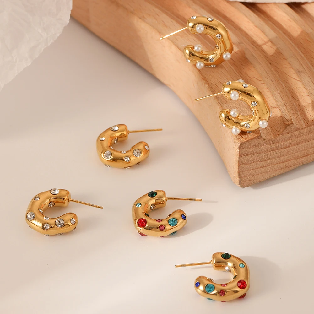 Boucles d'oreilles en Zircon pour femme, bijoux en forme de CC, en acier inoxydable plaqué or 18K