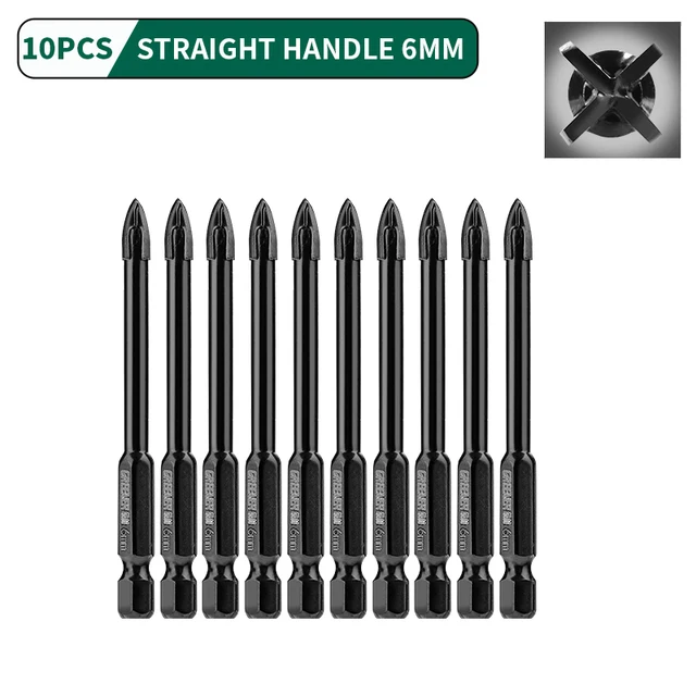 GREENER 3-12mm Four-blade Concrete Impact Glass Drill Cross Hex Tile Drilling Bit Special For Hexagonal Shank Hard Alloy Tri 6mm 10pcs