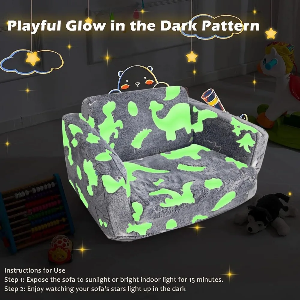 Kids Sofa Toddlers Sofa with Blanket Glow in The Dark Kids Couch Fold Out Toddlers Play Couch Mini Dinosaur Couch 6