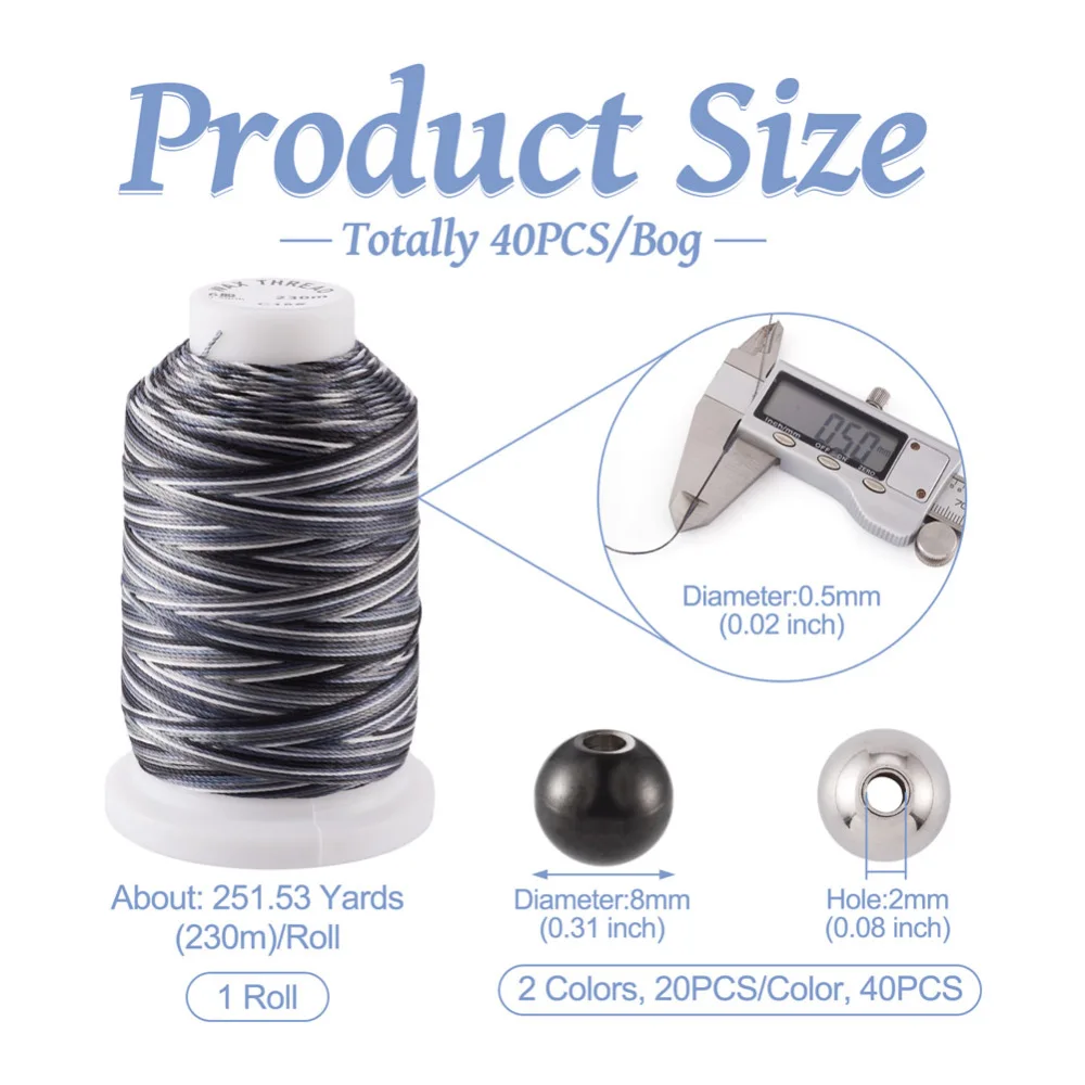 1Bag 8mm Stainless Steel Beads Loose Spacer Balls with 0.5mm Waxed Polyester Cord Thread for Bracelet Braided Jewelry Making DIY