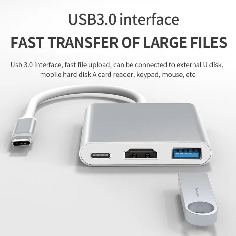USB C to HDTV Multiport Adapter, 3 in 1 USB C Hub with 3.0 Data Port, 4K HDTV Port & PD Max 100W Charging for Phones,