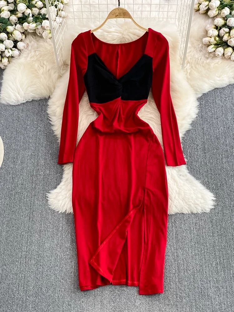 Women's Vintage Contrast Color Patchwork Sexy  Body-con Sheath Dress