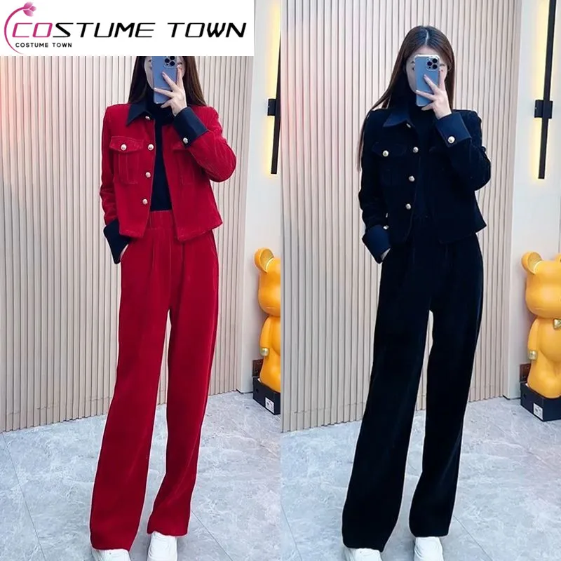 Fashion Set Women's Spring and Summer Royal Sister High End Temperament Corduroy Short Coat Wide Leg Pants Two Piece Set