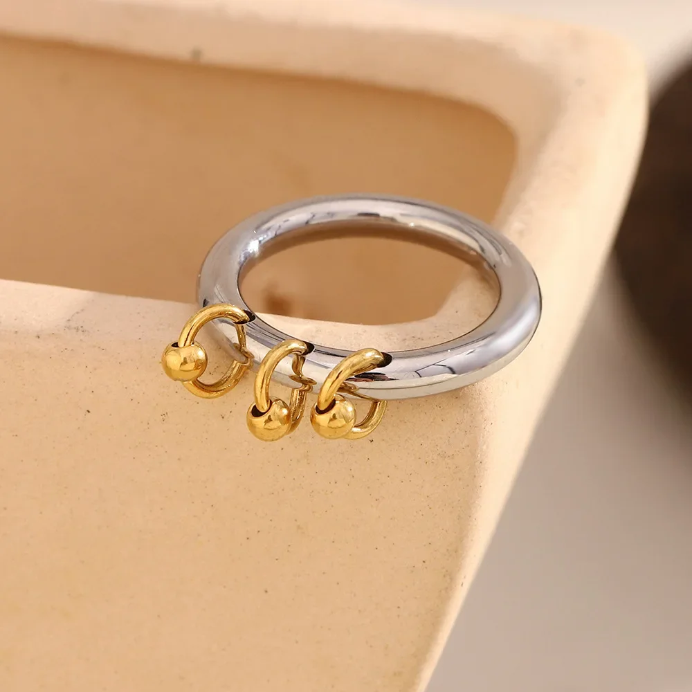 Double Mixed Color Mini Round Circle Bead Tassel Rings for Women PVD Waterproof Stainless Steel Finger Ring Vintage Punk Jewelry