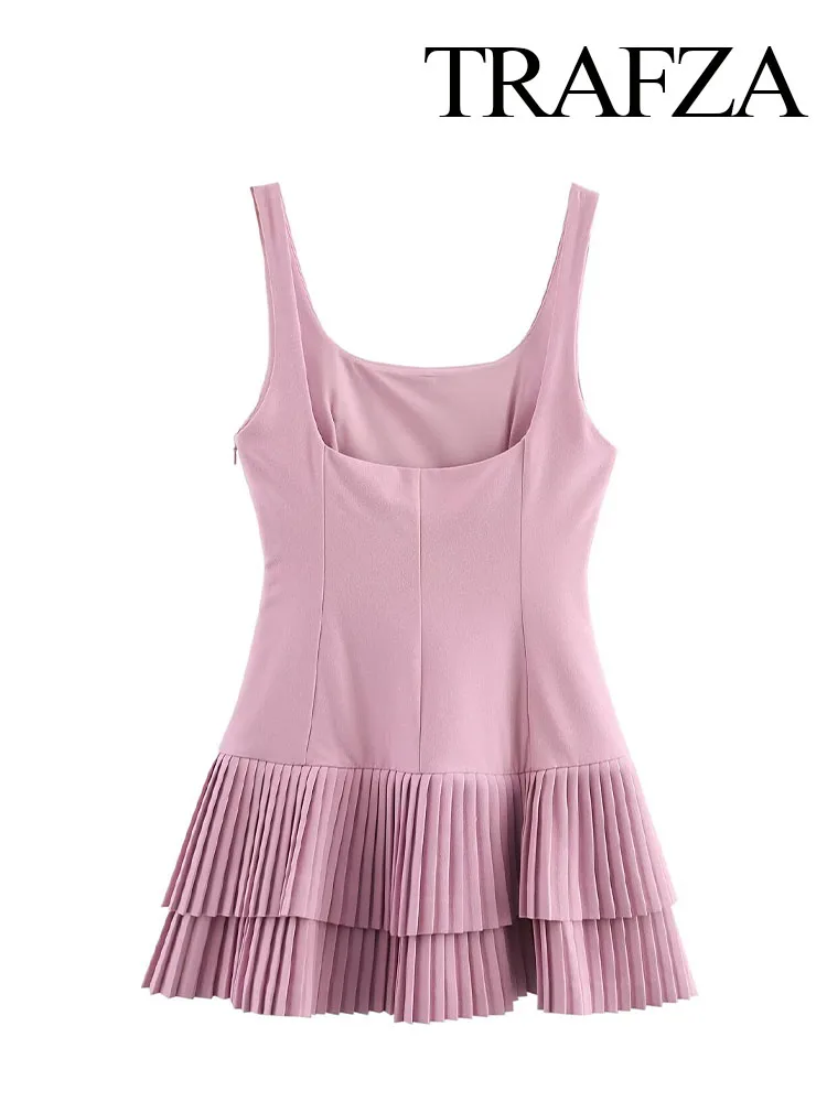 TRAFZA Woman Fashion Chic High Street Slim Short Dress Pleated Dress Women Summer Square Collar Sleeveless Solid Mini Dress 6