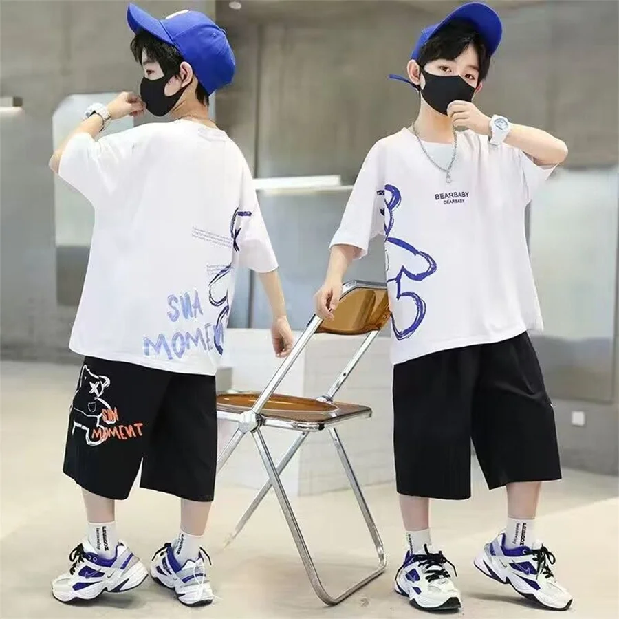 

Children's Clothing Boys Summer Short Sleeve Suit 2023 Foreign Style Baby Korean Cartoon T-shirt Two-piece