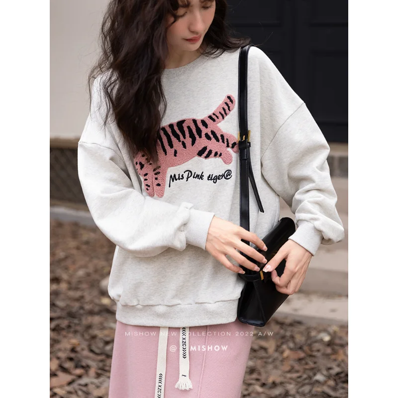 MISHOW Separately Hoodies Women Autumn Korean 100Cotton Embroidery Pullover Sweatshirt Elastic High Waist Spilt Skirt MXB32V0095 lordloar lettering embroidery pullover knit navy