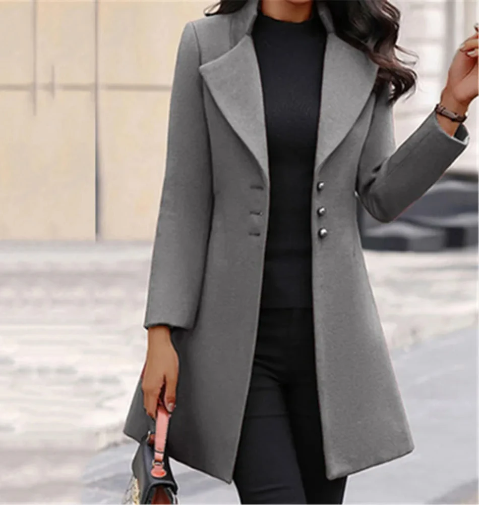 Fashion Women's Long Sleeve Wool Coat Suit Collar Solid Color Long Jacket Jacket Autumn Fashion Long Korean Cardigan Jacket
