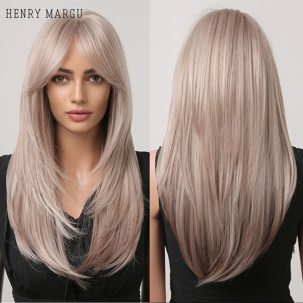 

HENRY MARGU Blonde Layered Straight Synthetic Wigs Long Wigs with Bang for Women Natural Rose Golden Fake Hair Heat Resistant