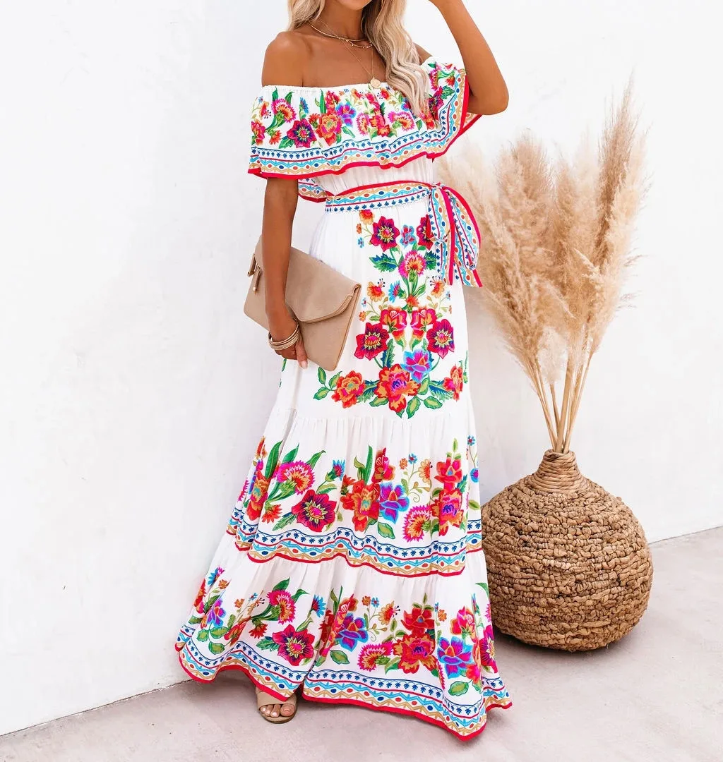 Flower Print Off Shoulder Long Dresses For Women Spring Summer New Fashion Temperament High Waist Leace-up Dress Female Vestidos 16 undefined