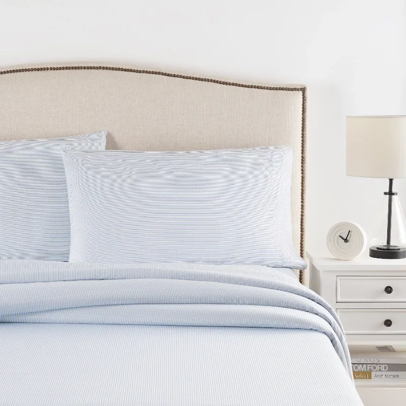 

100% Cotton, Wrinkle Resistant Sateen, Queen Sheet Set, Blue Pinstripe