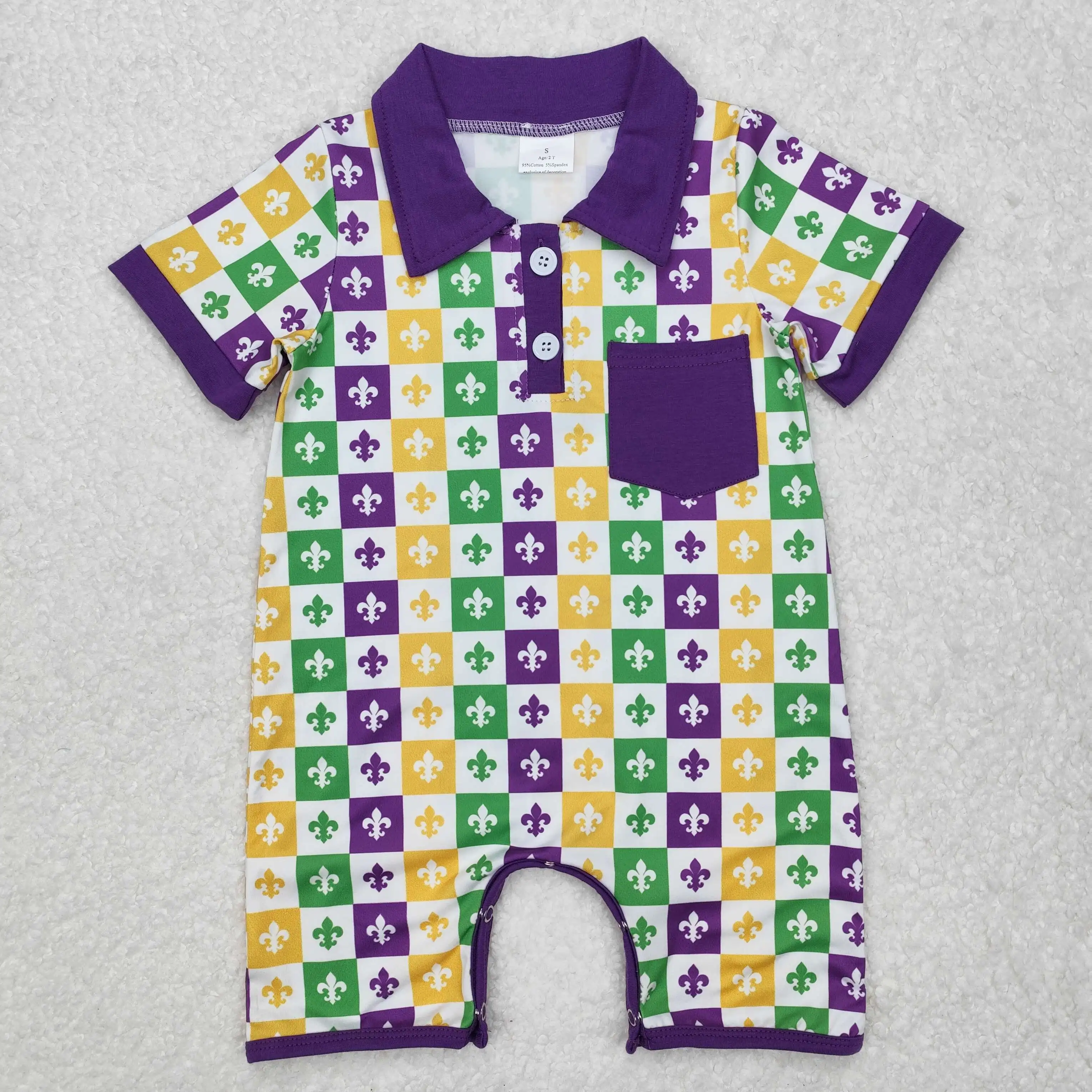 Wholesale Toddler Mardi Gras Romper Kids Short Sleeves Clothes Baby Boy Checked Bubble Children Infant Pullover Buttons Jumpsuit 2