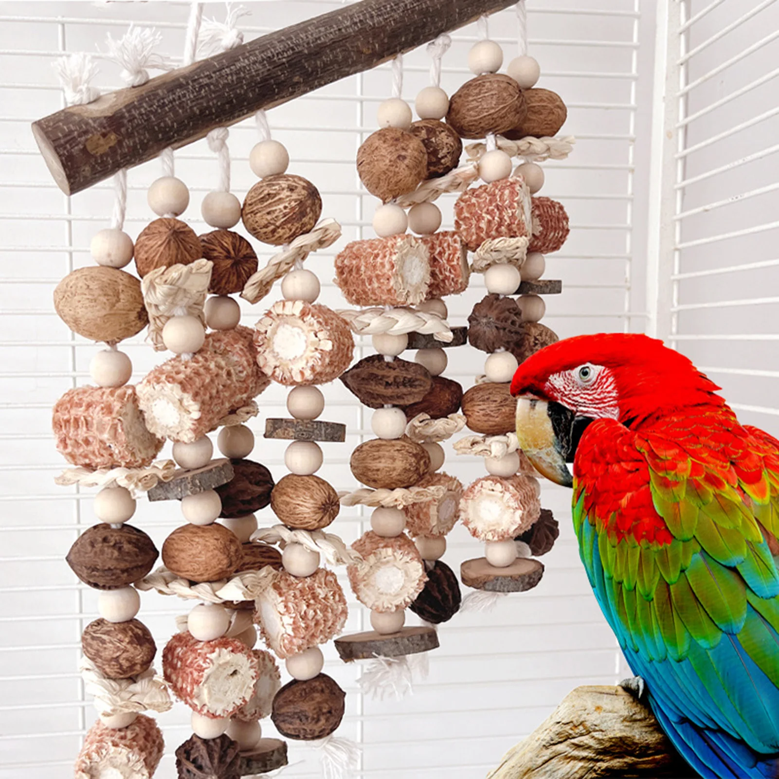 Large Parrot Chewing Toys Color Wooden Bird Cage Toy Natural Corn Nuts Parrot Toy for African Grey Macaws Cockatoos and Other La
