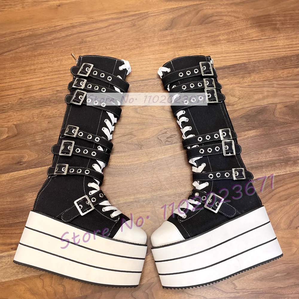

Striped Platform Long Canvas Shoes Women Trendy Metal Belt Buckle Round Toe Cool Shoes Girl's Black Lolita Cross Tied Tall Boots