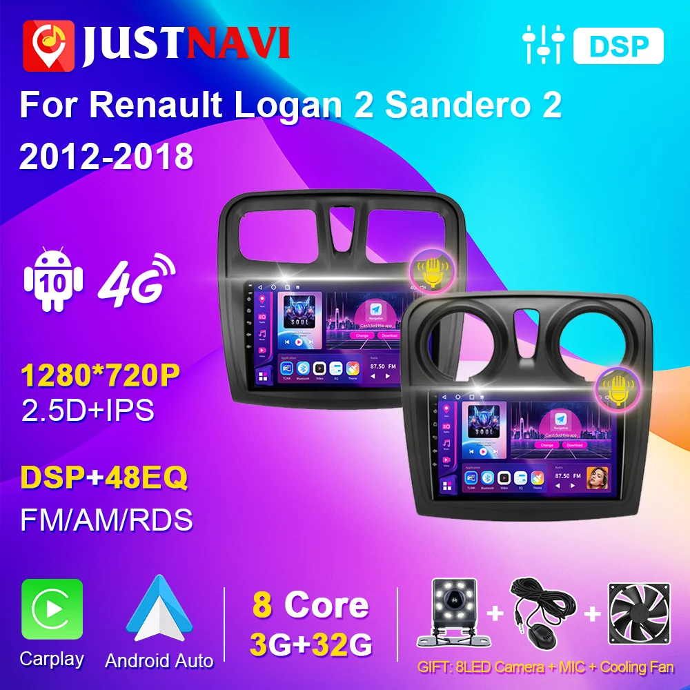 JUSTNAVI Car Radio Multimedia for Renault Logan 2 Sandero 2 2012 2018