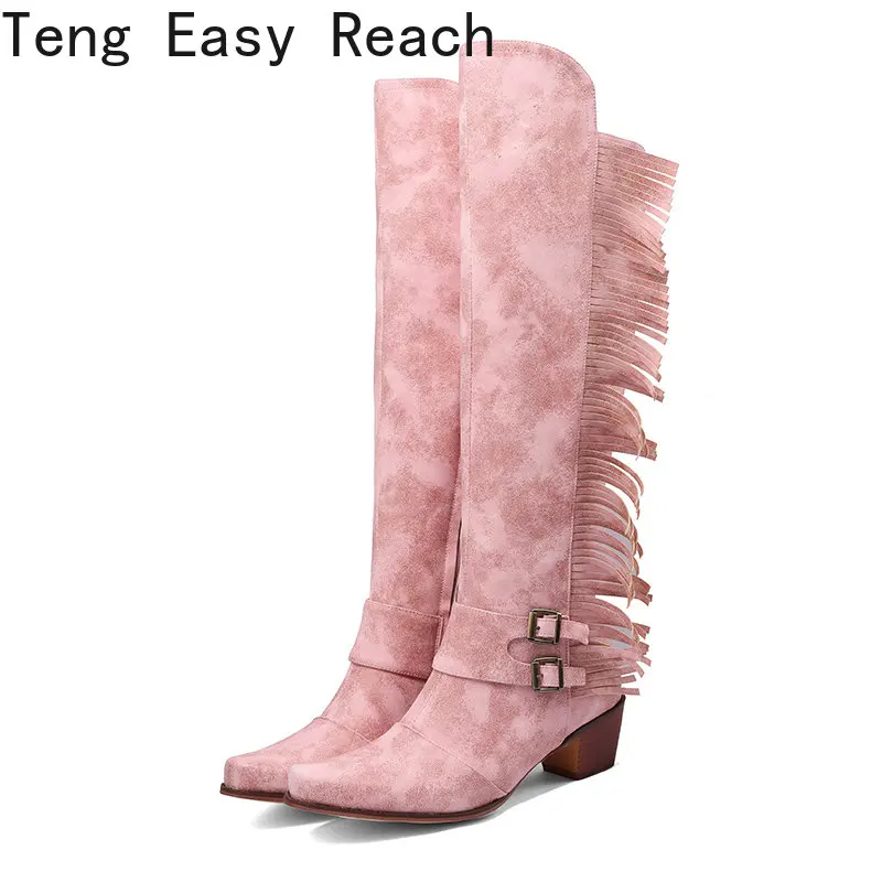 

2023 Fashion Denim Western Women Knee High Boots Wedges High Heel Cowboy Boots Slip On Autumn Winter Woman Shoes Big Size 35-46