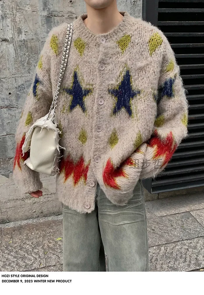 thumbnail image 5 of Chaqueta tipo suéter con atmósfera navideña para otoño e invierno para hombre, estilo retro holgado, con rejilla de diamantes y estrellas, cárdigan de punto a la moda, 5 of 5