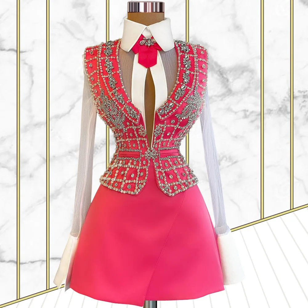 Fuchsia Cocktail Dresses A-line V-neck Long Sleeves Short Mini Beaded Pearls Homecoming Dresses Haute Couture Customized