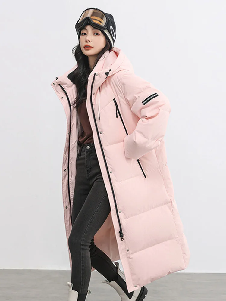 

Long Down Jacket Women Thicken Winter Fashion Solid Color Hooded 90% White Duck Down Coat Female Parka Warm