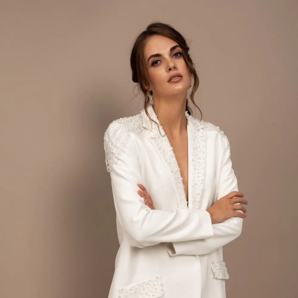 Women White Blazer Sets Elegant Lace Up Jacket Tops Straight Pants Spring Summer Classy 2 Piece Outfits Business Party Outwear