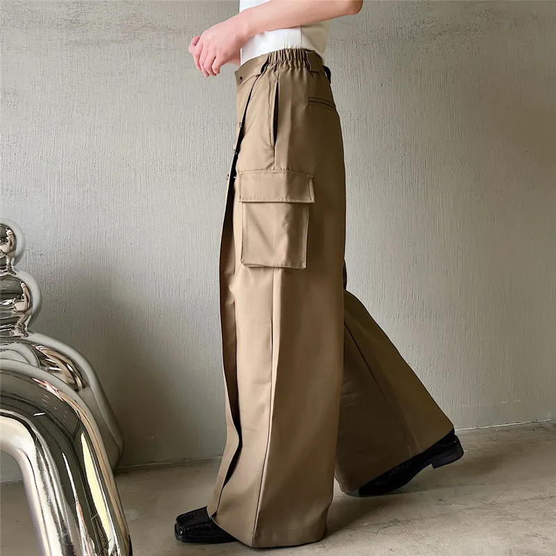 Men's Casual Wide Leg Trousers Korean Style New High Waist Metal Piece Pocket Decoration Fashionable Pants Plus Size S-XL
