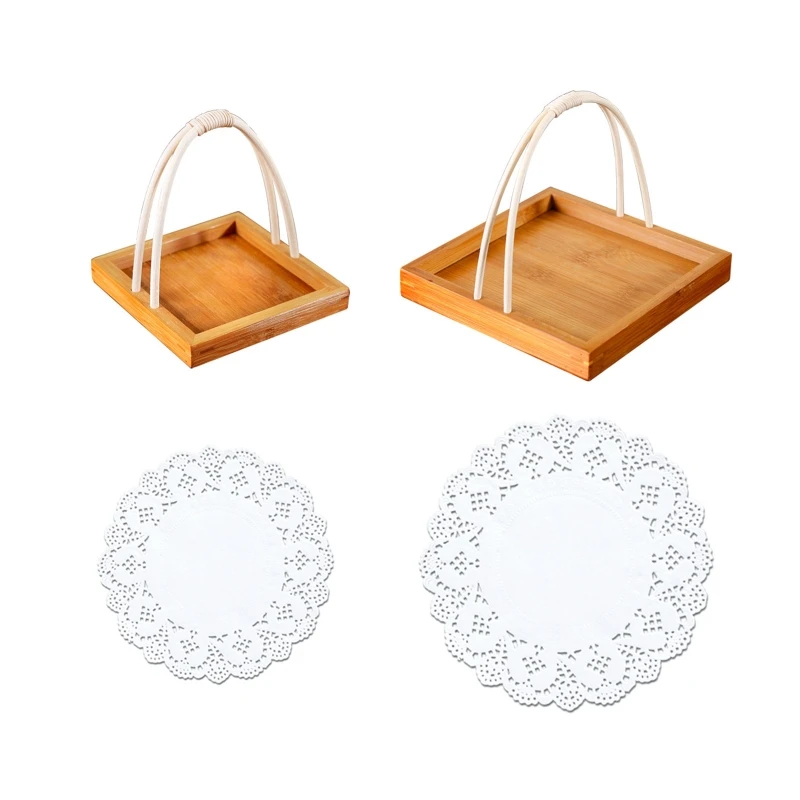 

for Creative Japanese Sushi Bamboo Basket with Handle Dessert Fried Serving Tray Fruit Dish Plate Round Paper Doilies