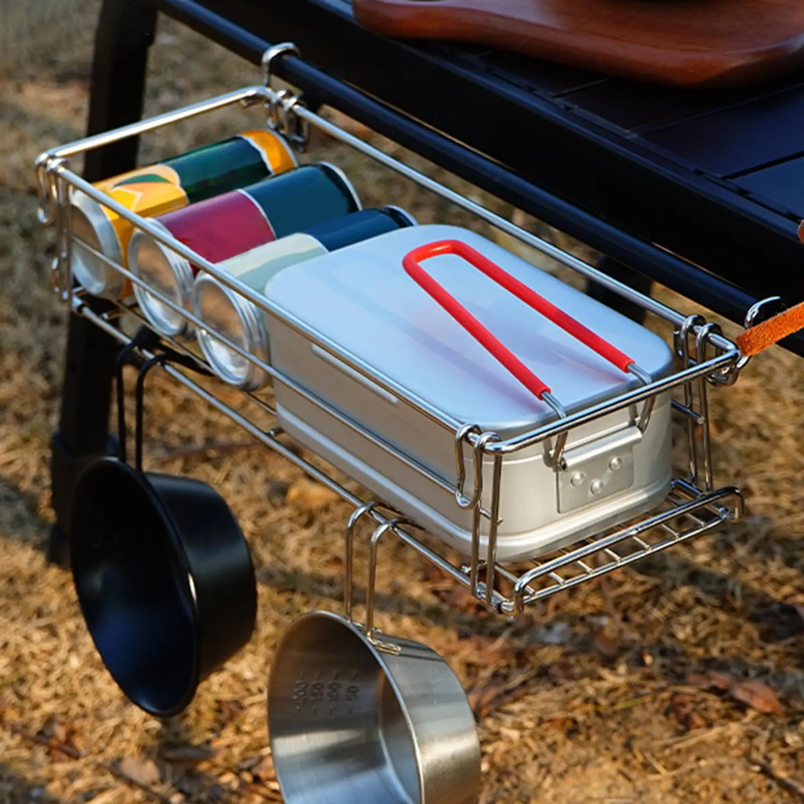 Table Side Basket Storage Rack Lightweight Stainless Steel Foldable Hanging Basket Shelf for Camping Beach Aluminum Desk Tent