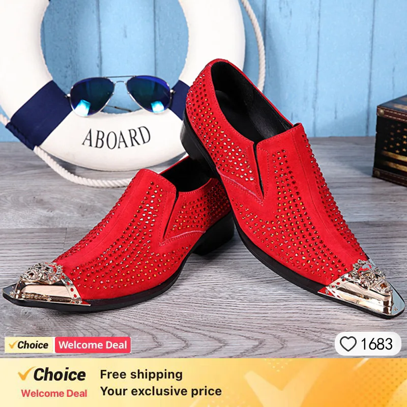 new arrival red genuine leather pointed toe metal tip crystal handmade men  leather dress shoes fashion hairdresser shoes - AliExpress 322