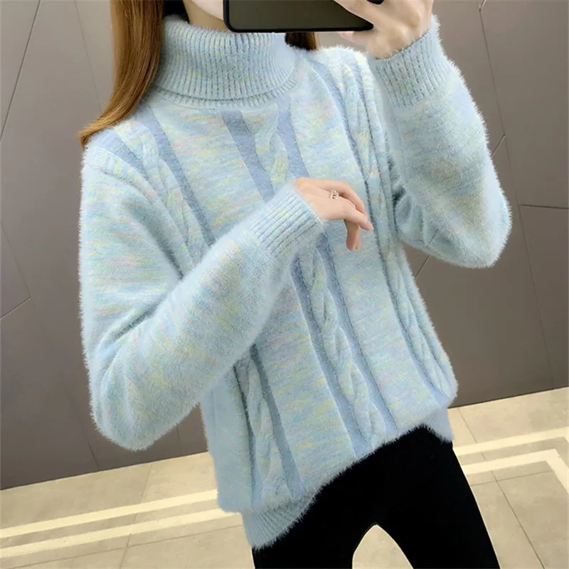 

Осенне-зимний кашемировый вязаный свитер из норки с высоким воротником, Женский пуловер, корейская мода, свободные вязаные топы с коротким рукавом для женщин