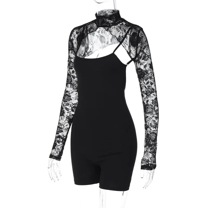 BKLD Womans Clothing 2024 Spring New Fashion Sexy Slim Fit Short Jumpsuit One Pieces Spaghetti Strap Rompers With Lace Shawl
