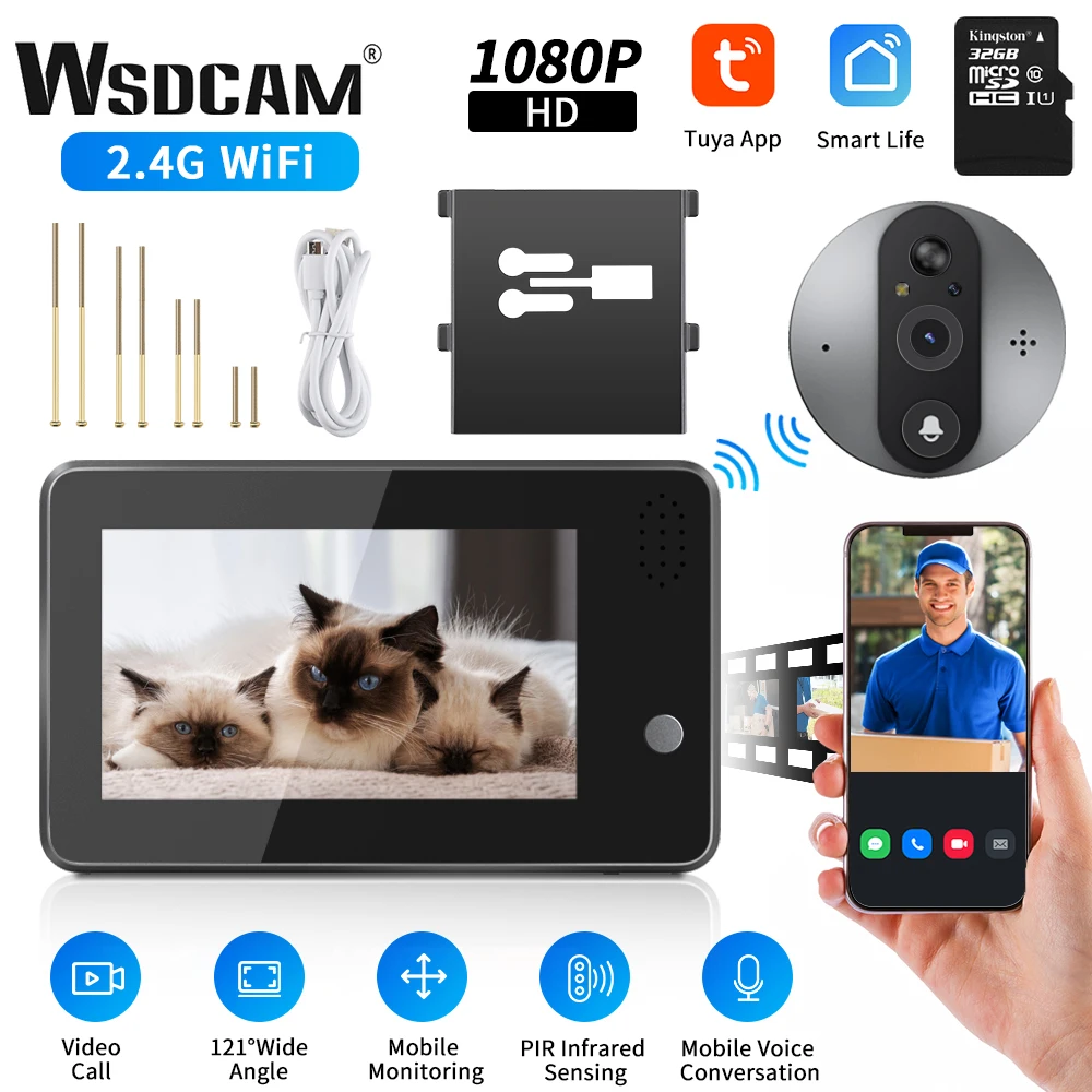 WSDCAM 4.3 inch Smart WiFi Video Doorbell Night Vision Tuya Peephole ...