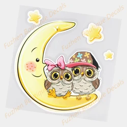 Fuzhen – autocollants pour pare brise arrière, accessoires extérieurs, mignon, lune avec deux chouettes, décoration créative pour voiture, Boutique 